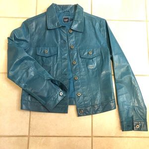Gorgeous turquoise denim-style leather jacket